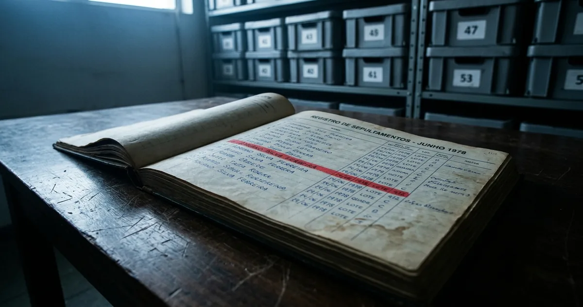 Livro de sepultamento antigo aberto sobre mesa institucional escura, com uma linha de registro realçada em vermelho e caixas plásticas numeradas ao fundo