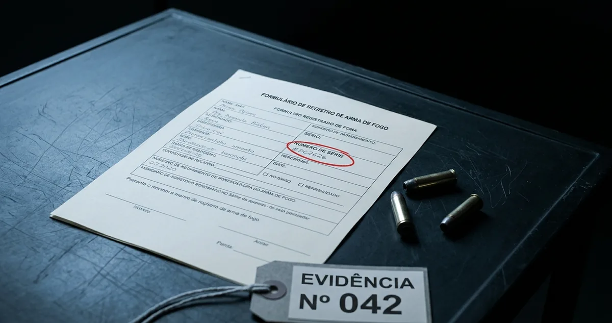 Formulário de registro de arma sobre mesa institucional escura, com o campo do número de série realçado em vermelho e cartuchos de latão ao lado