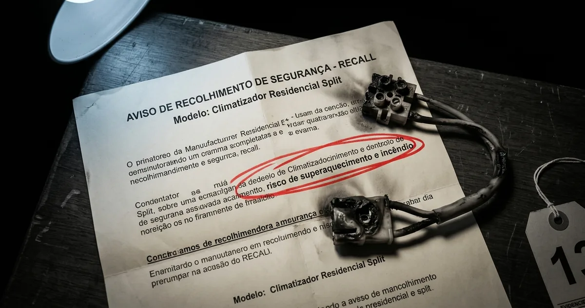 Aviso de recall do fabricante sobre mesa institucional escura, ao lado de um cabo de ar-condicionado queimado e de uma etiqueta forense numerada