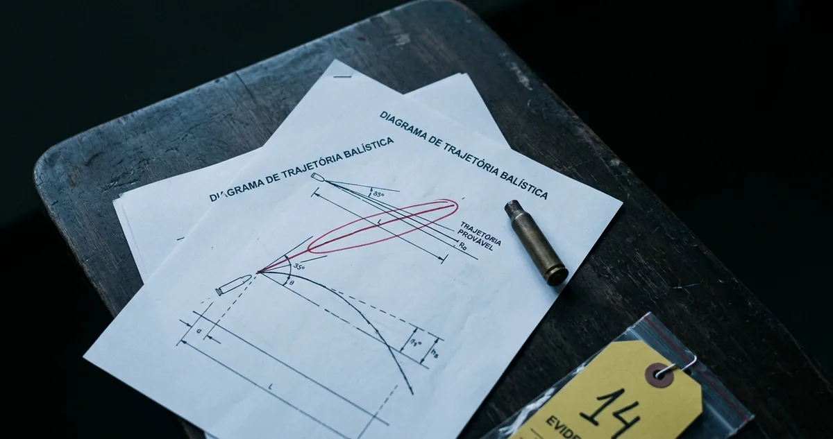 Laudo de local com diagrama de trajetórias sobre mesa institucional escura, ao lado de um estojo deflagrado de fuzil e de uma etiqueta forense numerada