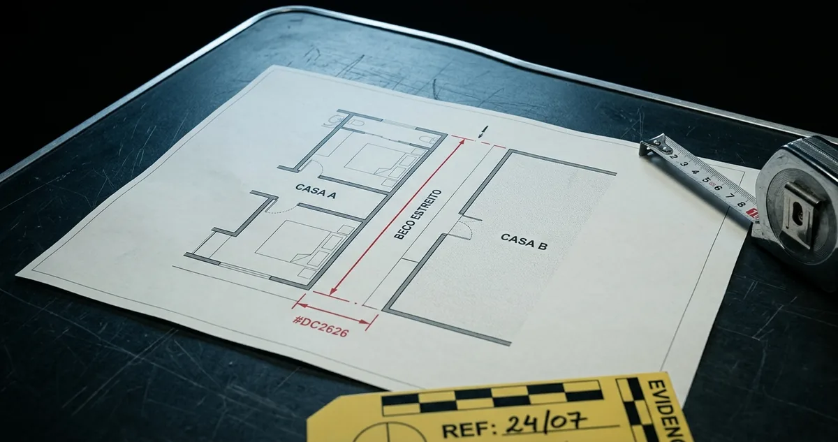 Planta baixa de uma passagem estreita entre casas sobre mesa institucional escura, com a largura do vão marcada em vermelho, ao lado de uma trena metálica e de uma etiqueta forense numerada
