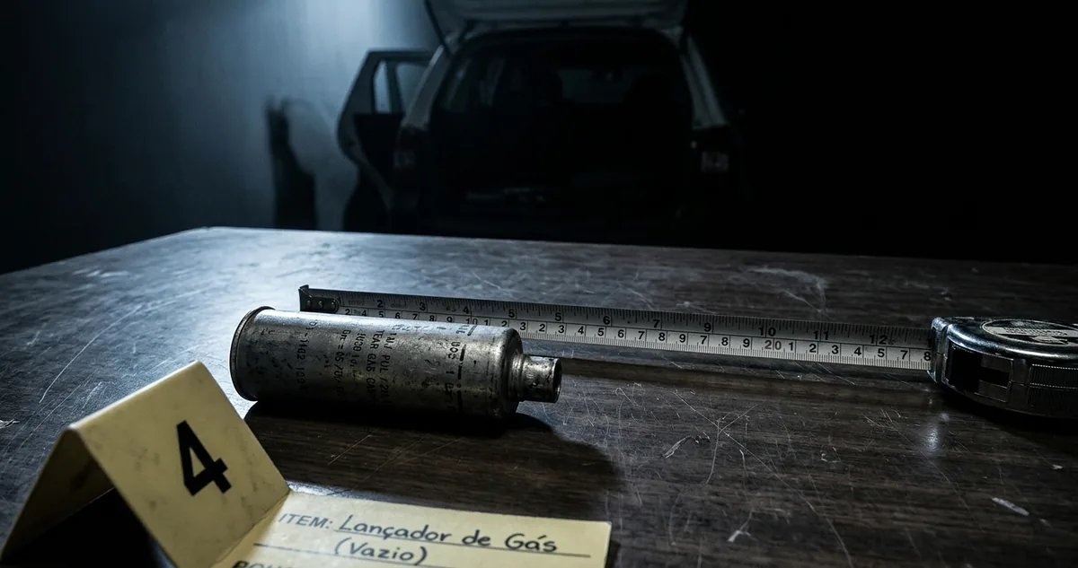 Porta traseira aberta de uma viatura sobre fundo institucional escuro, com uma granada de gás lacrimogêneo usada e uma trena metálica ao lado, junto de uma etiqueta forense numerada