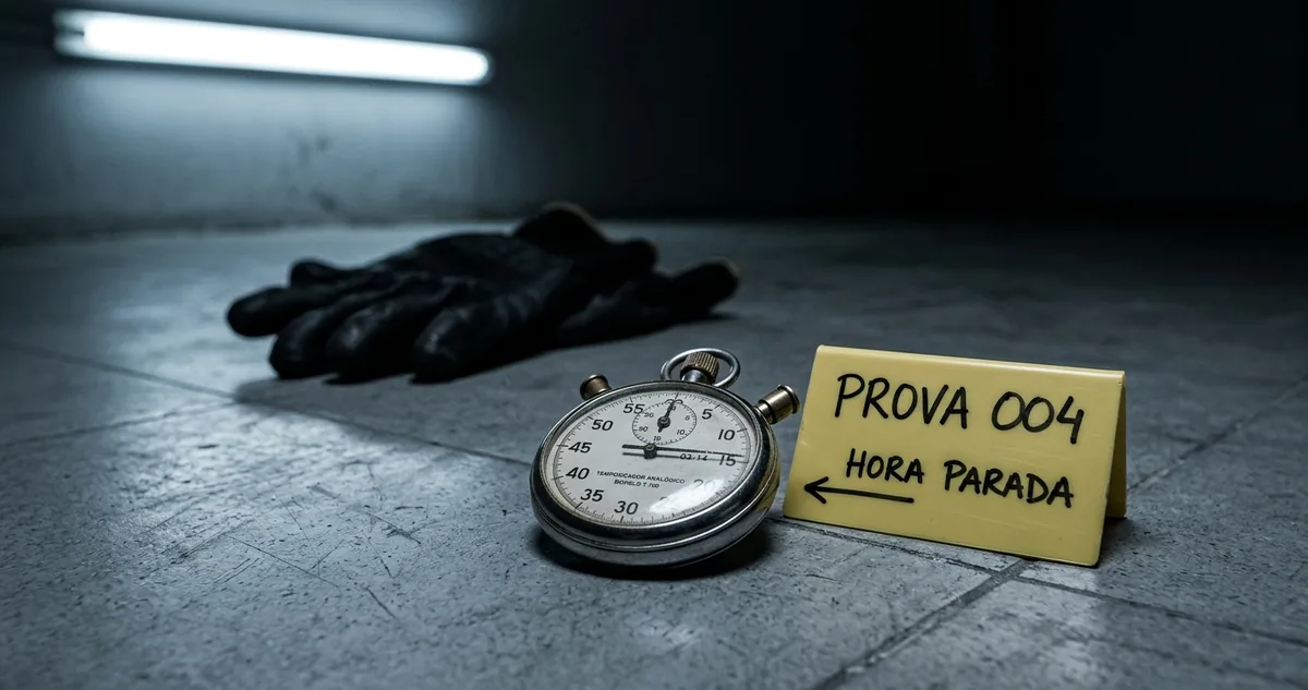 Piso de área de serviço de supermercado sob luz fria, com um cronômetro parado sobre o chão e uma etiqueta forense numerada ao lado