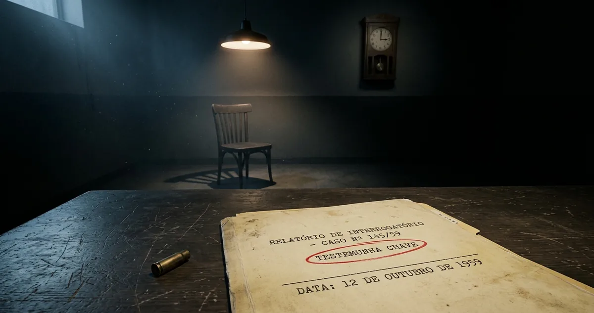 Sala de interrogatório antiga com uma cadeira vazia sob luz baixa, um relógio de pêndulo parado na parede e uma pasta de papel amarelado sobre a mesa