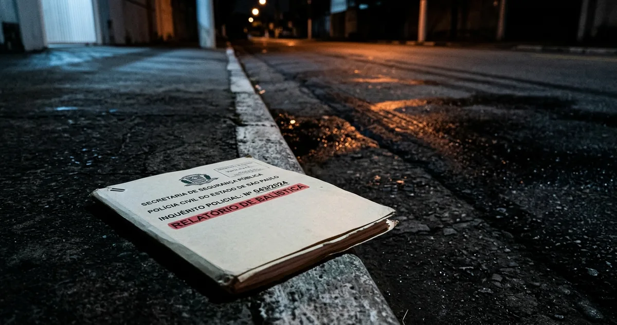 Rua de periferia vazia à noite sob a luz de um poste, asfalto molhado e uma pasta de autos fechada sobre o meio-fio