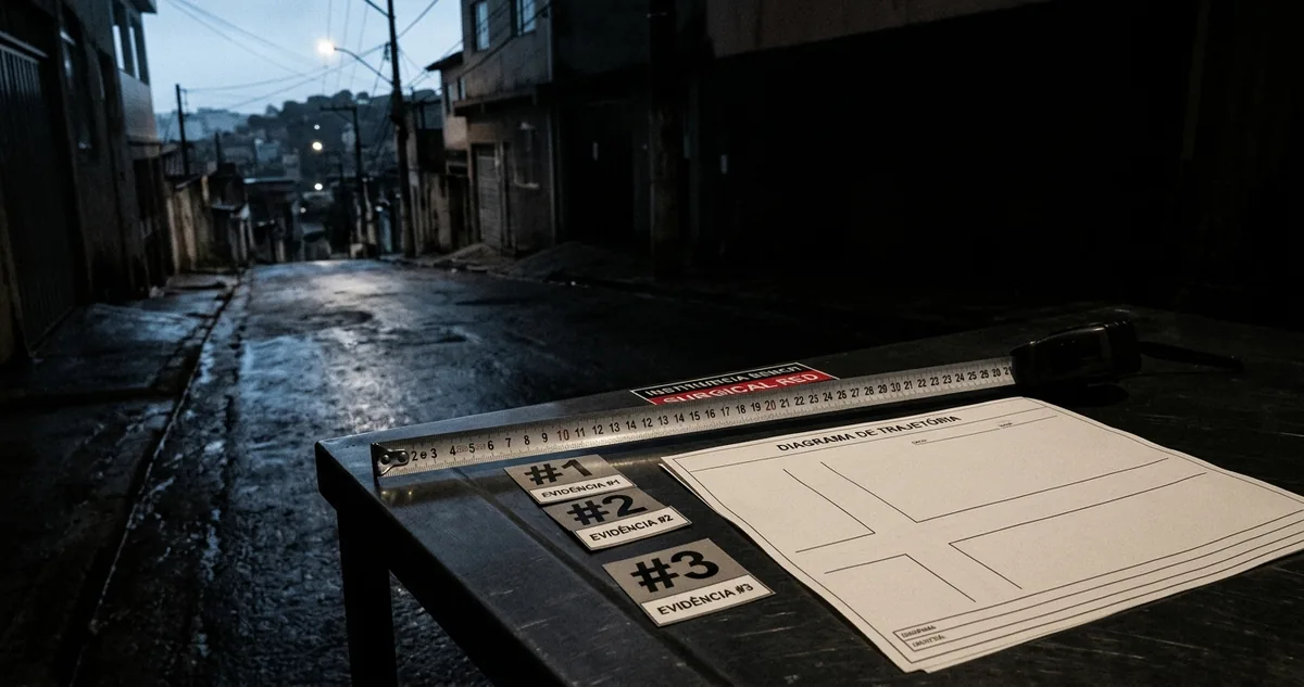 Rua estreita de encosta na Vila Moisés antes do amanhecer, com poste aceso e chão molhado