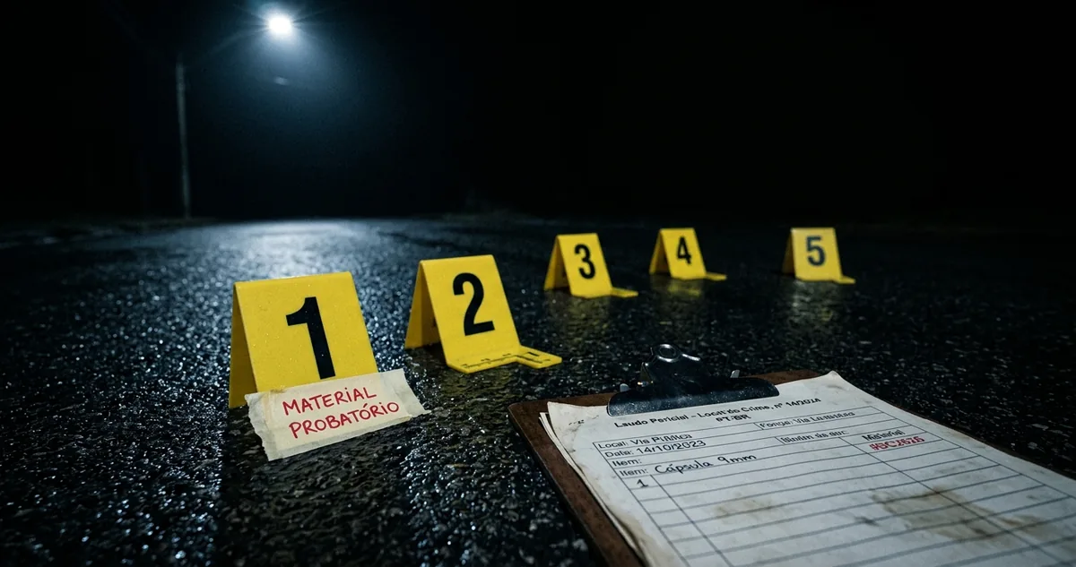 Avenida de bairro à noite e a bancada de perícia com cápsulas numeradas