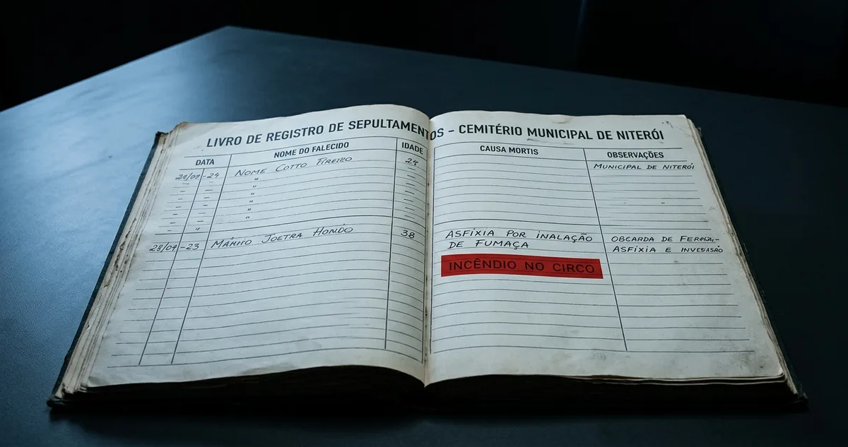 Estrutura de picadeiro queimada e a bancada com o livro de sepultamento