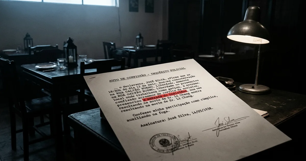 Salão vazio de um pequeno restaurante do centro de São Paulo ao anoitecer, com mesas ainda postas, e numa bancada de delegacia à parte uma folha de confissão datilografada, um carimbo e uma lâmpada de mesa acesa