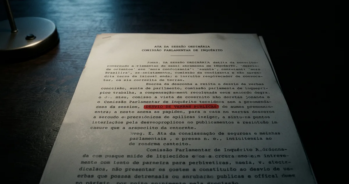 Plenário vazio de um parlamento brasileiro dos anos 1960 ao anoitecer, bancadas de madeira escura, uma cadeira fora do lugar e, sobre a mesa taquigráfica, folhas datilografadas da sessão ao lado de uma lâmpada acesa