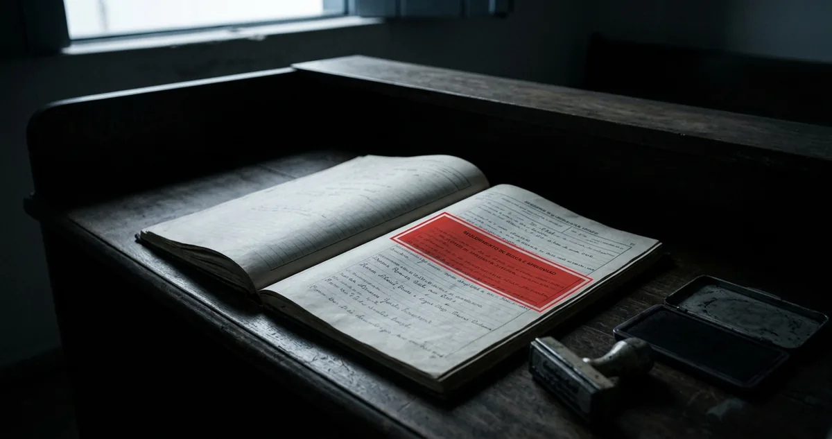 Balcão de cartório judicial antigo no interior de Pernambuco ao fim da tarde, livro de registro aberto com nomes manuscritos desbotados, carimbo e almofada de tinta ao lado, luz baixa entrando por uma janela alta