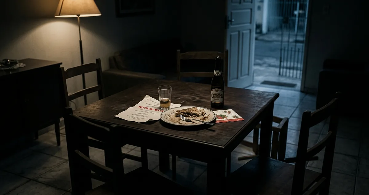 Sala de estar de uma casa residencial em Maceió na noite de dezembro de 1998, cadeiras deslocadas ao redor de uma mesa com copos e pratos de comemoração intactos, luz baixa de abajur, porta da frente entreaberta ao fundo