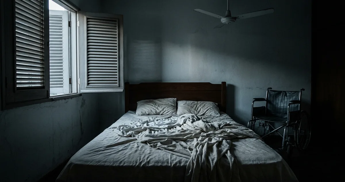 Quarto de uma casa residencial em Fortaleza na madrugada de maio de 1983, cama desfeita junto a uma janela de veneziana entreaberta, ventilador de teto parado, luz fria de amanhecer entrando pelas frestas, cadeira de rodas vazia encostada na parede ao fundo