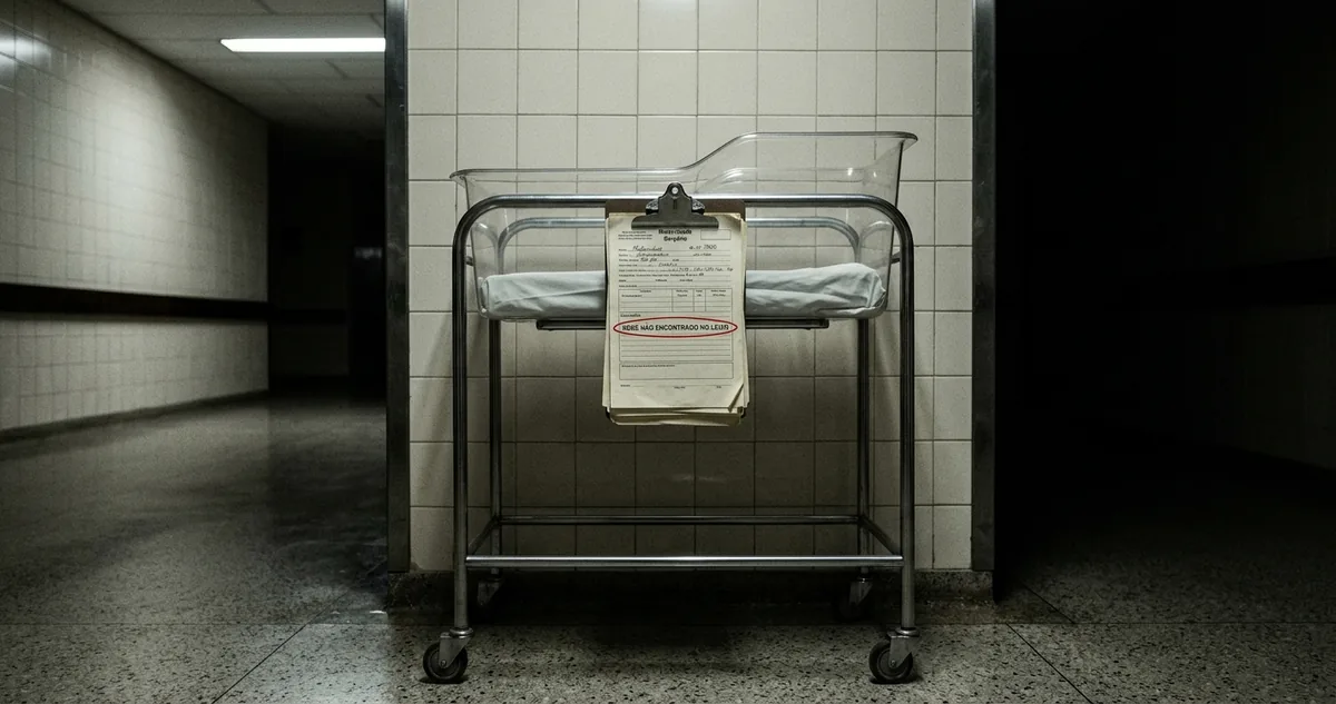 Corredor de maternidade em Brasília numa madrugada de janeiro, 1986, berço hospitalar de acrílico vazio encostado na parede de azulejo claro, prancheta pendurada na grade, piso encerado refletindo lâmpada fluorescente, luz fria e baixa