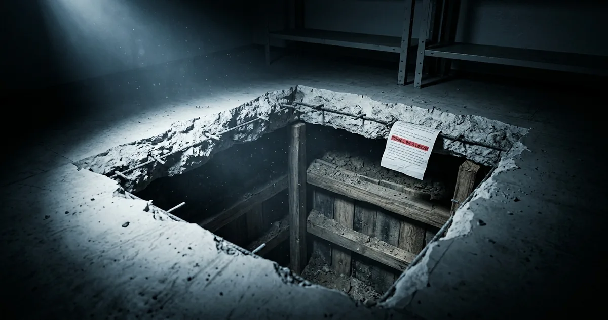 Buraco quadrado aberto no piso de concreto de uma caixa-forte, escoras de madeira à vista no fundo, prateleiras metálicas vazias e luz fria de lanterna