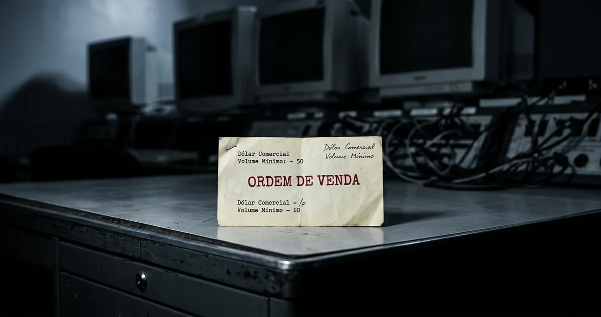 Mesa de operações de câmbio vazia à noite, telas antigas com cotações apagadas e papéis espalhados sobre o tampo