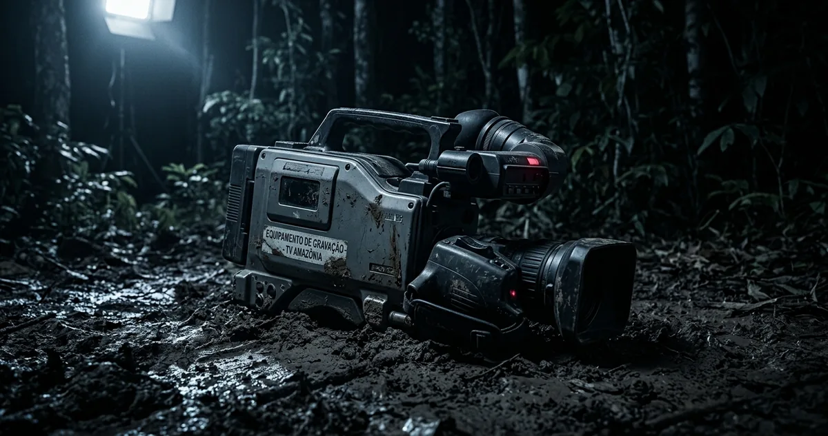 Câmera de TV antiga apoiada no chão de terra de uma mata escura, luz de refletor acesa sobre o mato vazio