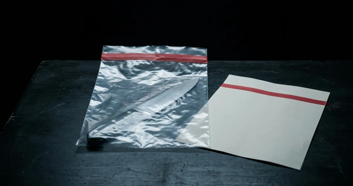 Faca de cozinha dentro de saco de prova lacrado sobre mesa escura, ao lado de uma folha de laudo com uma data marcada em vermelho