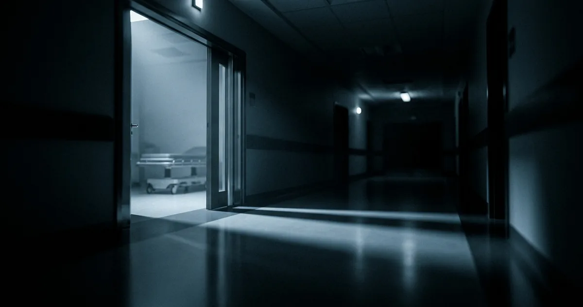 Corredor vazio de clínica médica à noite, com porta de sala de procedimento entreaberta e luz fria no chão