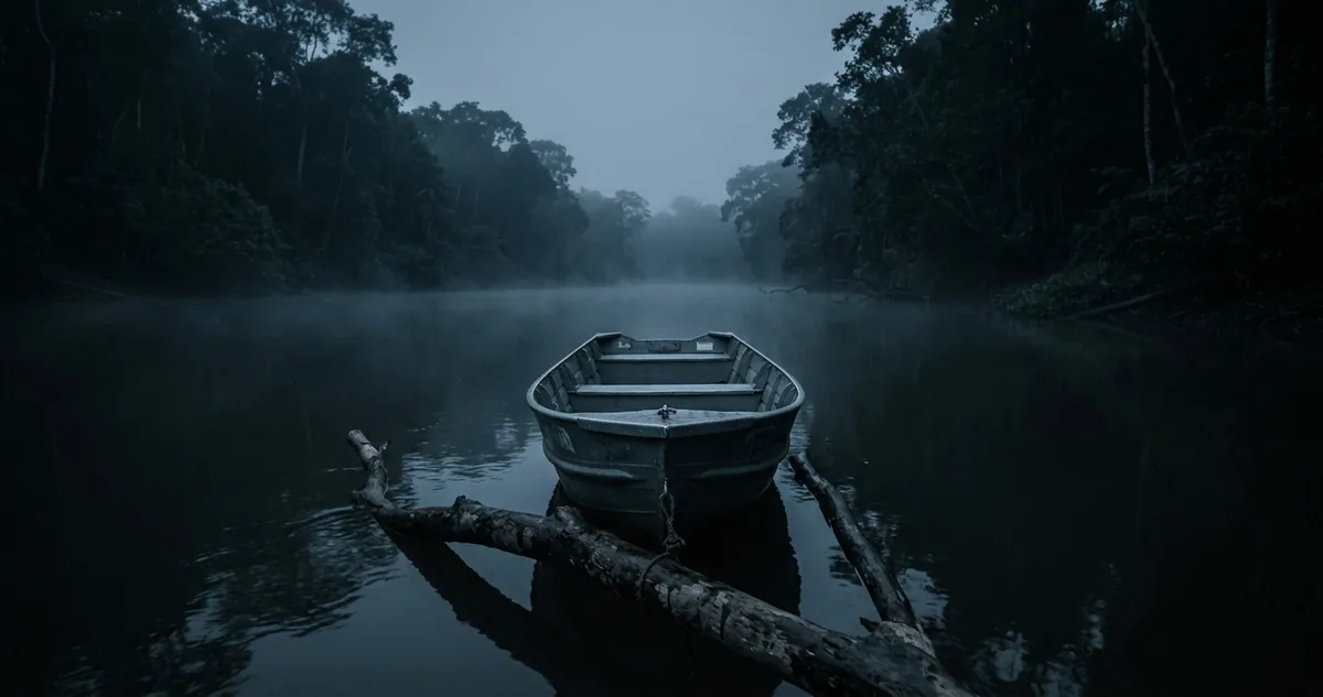 Rio amazônico ao amanhecer, com neblina sobre a água escura, mata fechada nas margens e uma canoa vazia presa a um galho