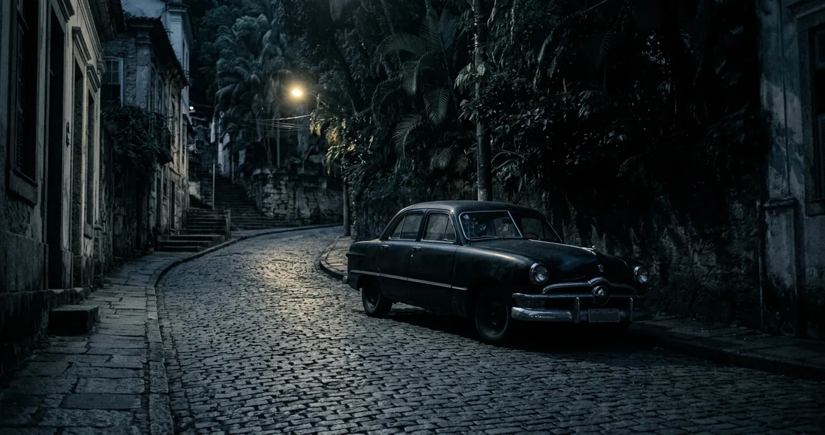 Ladeira estreita de paralelepípedo à noite, com um carro preto antigo parado junto ao meio-fio sob um poste de luz amarela