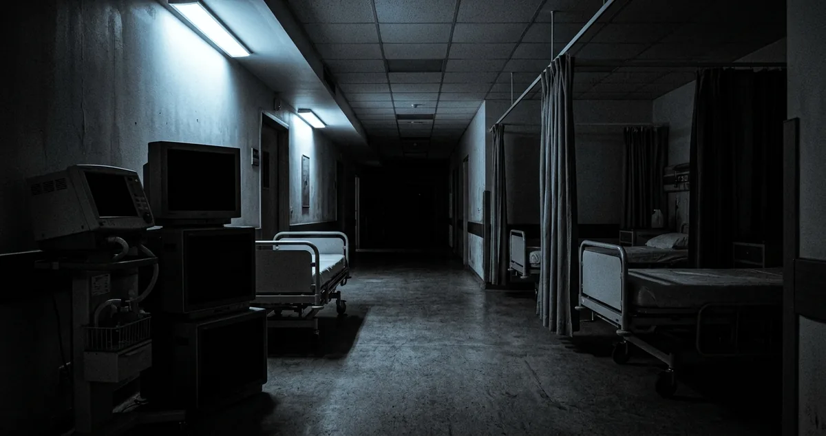 Corredor de UTI vazio à noite, com leitos separados por cortinas e monitores apagados sob luz fria