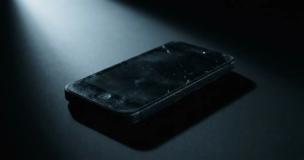 Mesa com celular antigo, papéis de contrato e notas de dólar sob luz fria