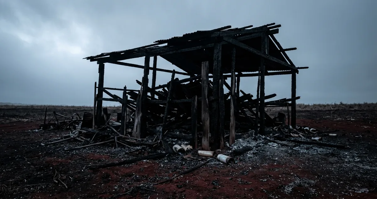 Barracão rural destruído, com papéis queimados e restos de pólvora no chão de terra