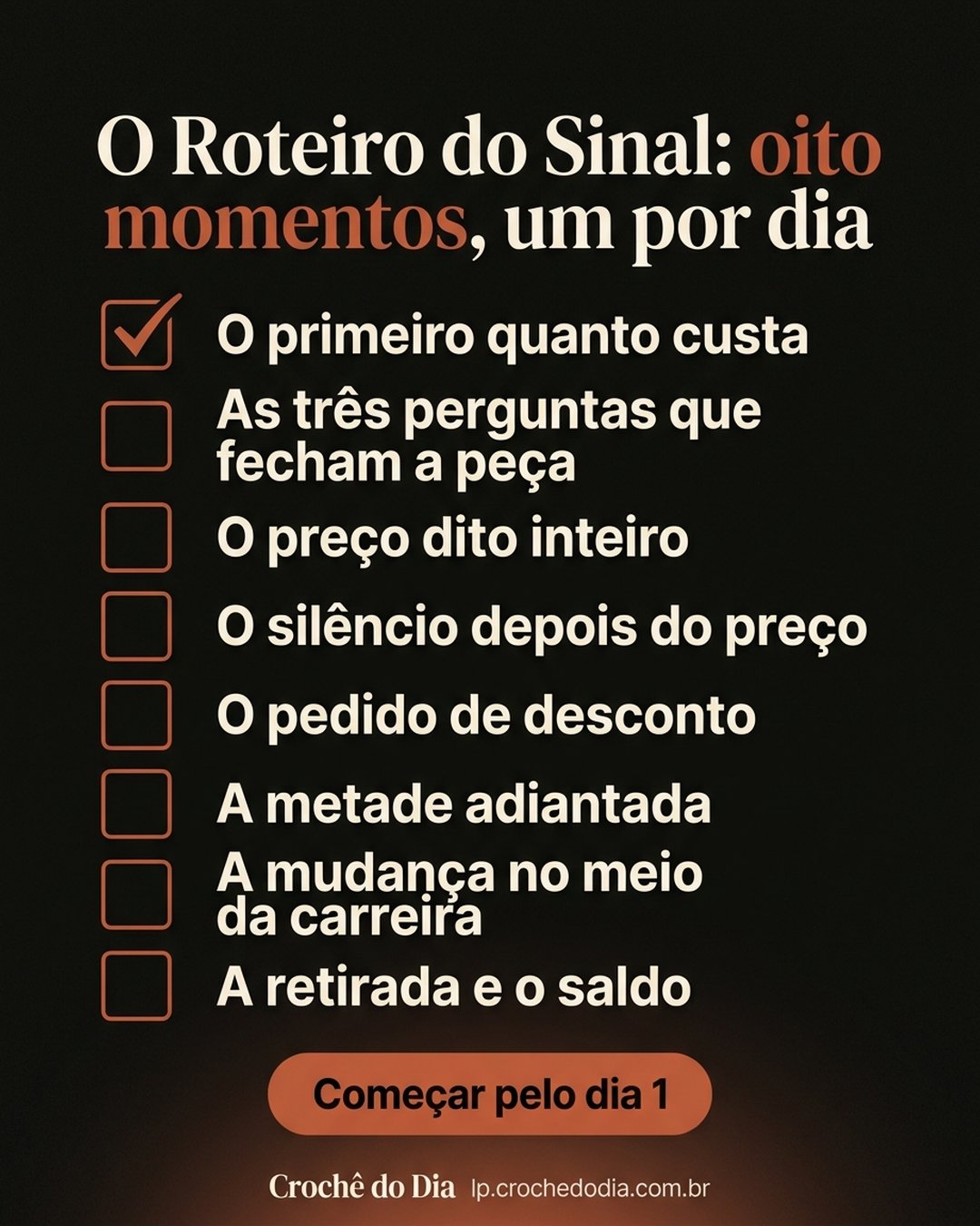 O Roteiro do Sinal: oito momentos, um por dia: O primeiro quanto custa, As três perguntas que fecham a peça, O preço dito inteiro, O silêncio depois do preço, O pedido de desconto, A metade adiantada, A mudança no meio da carreira, A retirada e o saldo. Começar pelo dia 1.