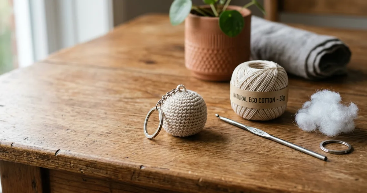 Chaveiro amigurumi de algodão cru sobre a mesa de madeira, ao lado do novelo de fio nº 8, da agulha de 2,5 milímetros e de um tufo de fibra siliconada.