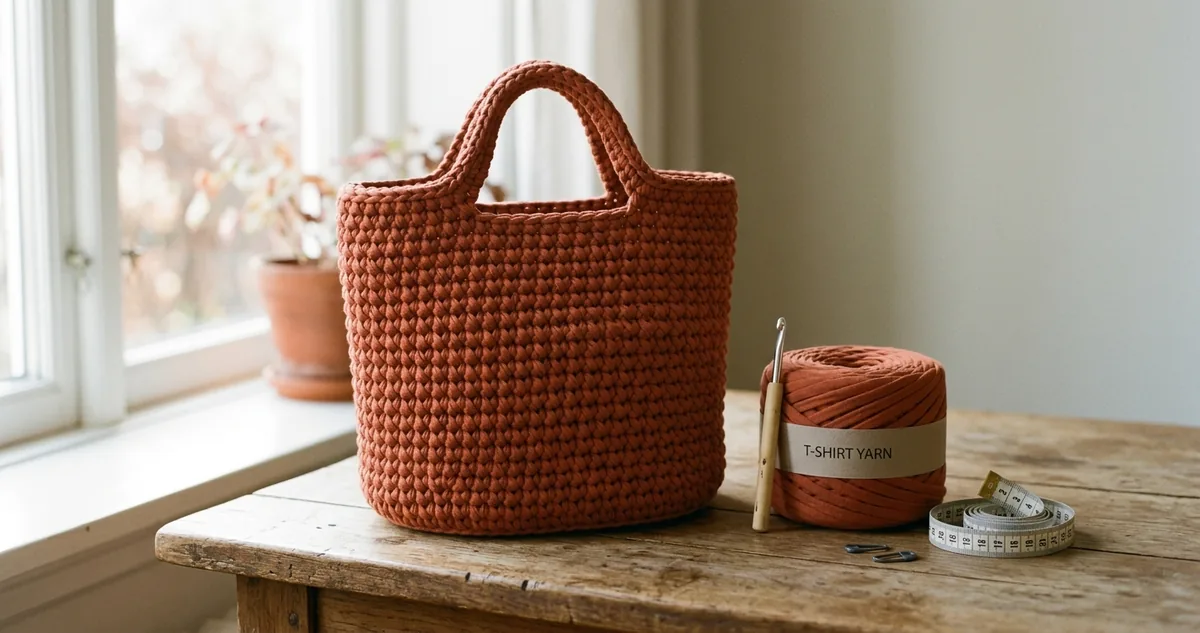 Bolsa de fio de malha com base oval em pé sobre a mesa de madeira, ao lado do novelo de 1 quilo, da agulha de 6 milímetros e da fita métrica.