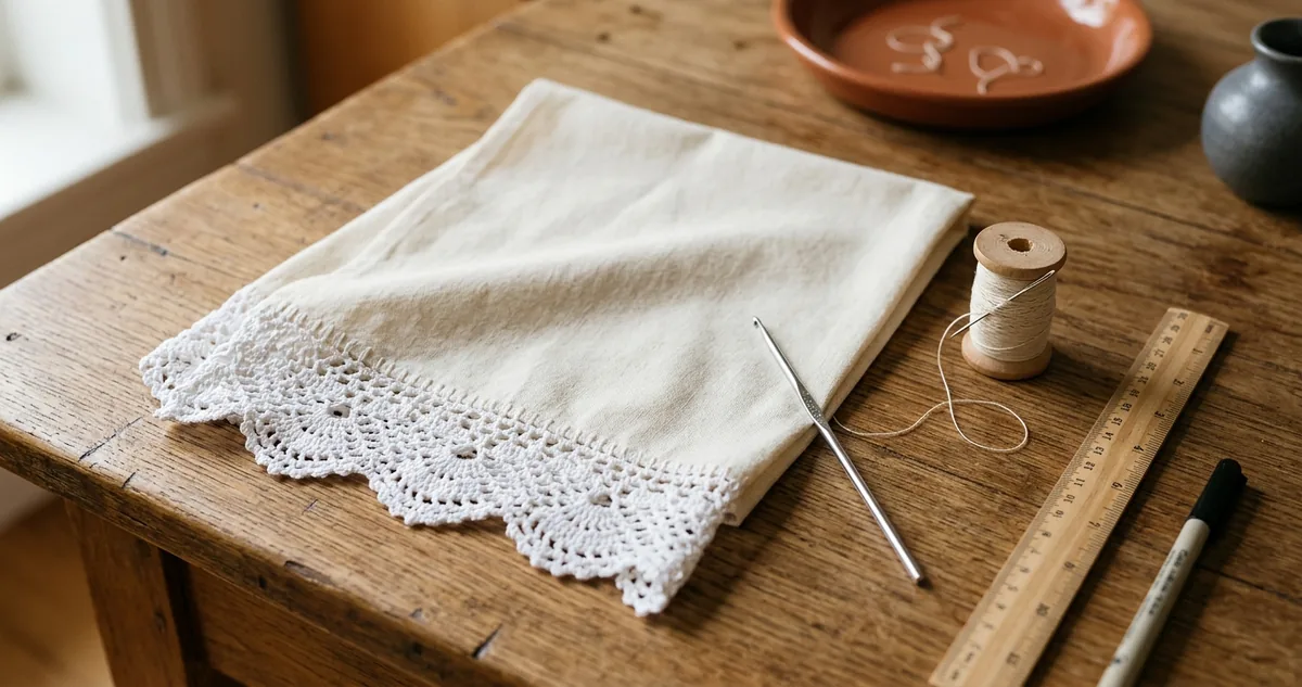 Pano de prato de sacaria aberto na mesa de madeira com barrado de crochê branco na barra, ao lado do novelo de linha nº 10, da agulha de 1,5 milímetro e da régua.