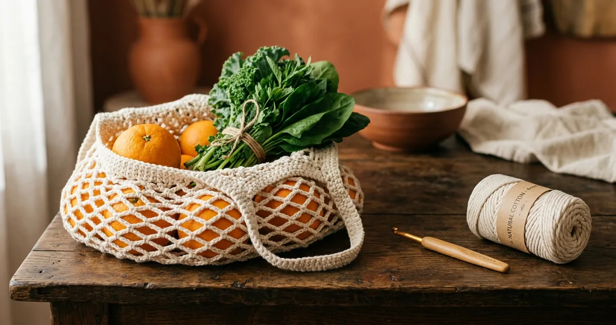 Sacola de feira de crochê em ponto rede com barbante cru, cheia de laranjas e um maço de verduras, com agulha de 4 milímetros e novelo ao lado numa mesa de madeira escura.