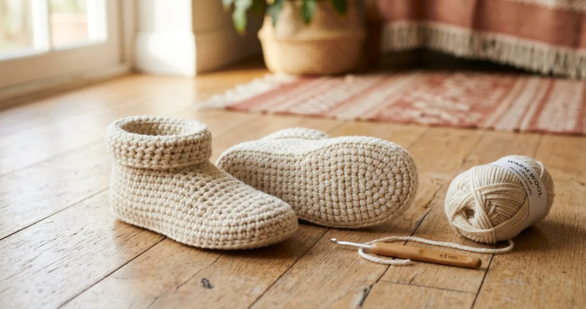 Par de pantufas de crochê em lã média cor creme sobre piso de madeira clara, uma delas virada mostrando a sola dupla com pingos de silicone transparente, agulha de 4,5 milímetros e um novelo ao lado.