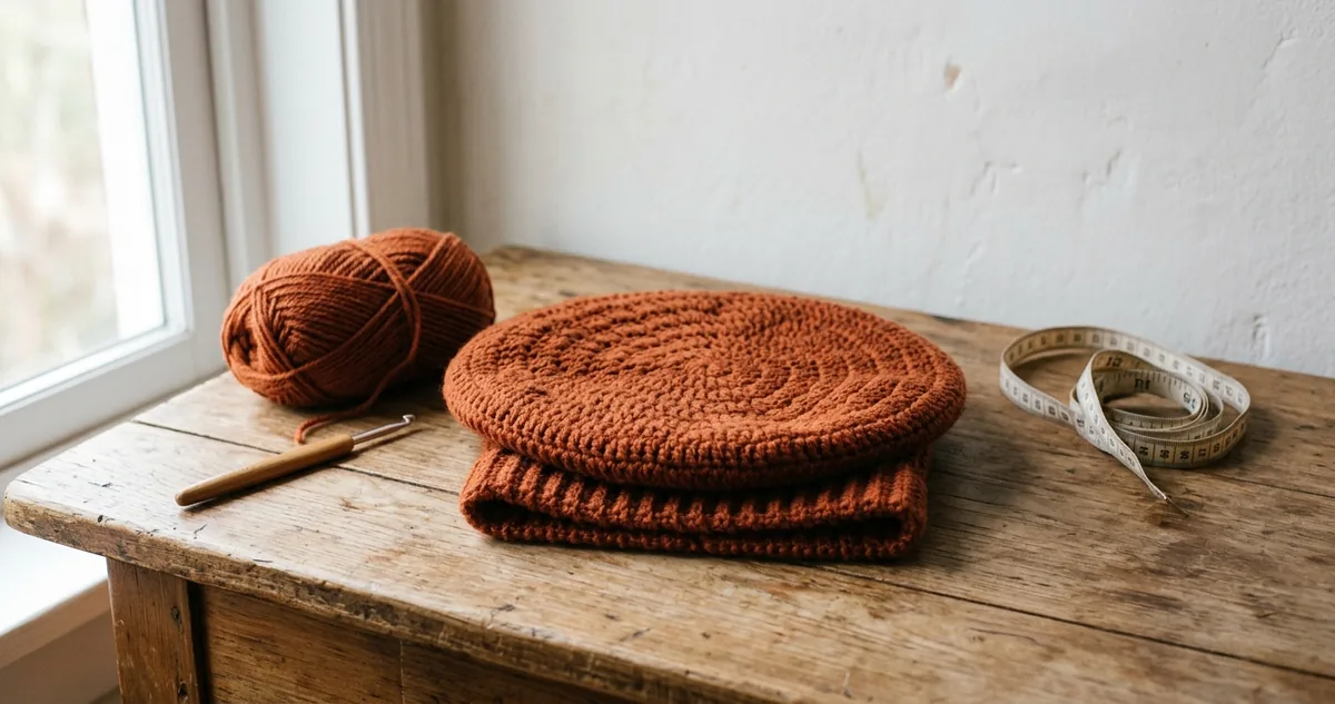 Boina de crochê em lã média cor terracota sobre mesa de madeira clara, com o disco aberto mostrando as carreiras em espiral e a barra de meio ponto alto na borda, agulha de 4,5 milímetros, um novelo e fita métrica ao lado.
