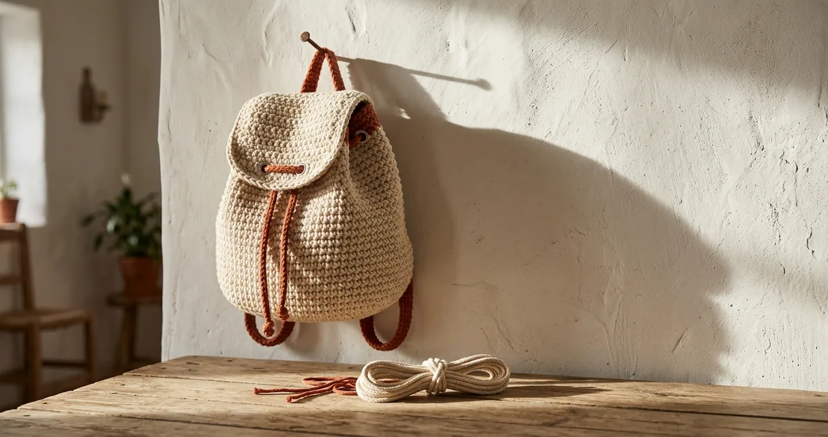 Mochila saco de crochê em fio de malha cru sobre mesa de madeira, com oito ilhoses de metal na boca, cordão trançado passado por eles, agulha de 6 milímetros, novelo, alicate de ilhós e fita métrica à tarde.