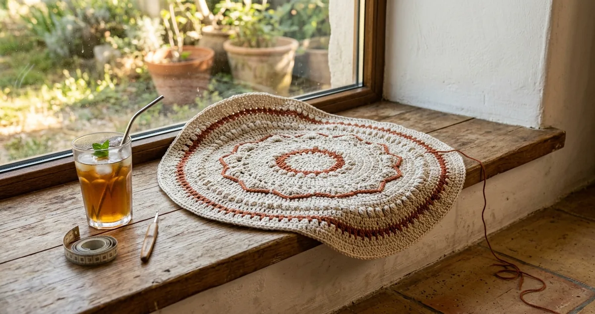 Gargantilha de crochê em linha fina cor creme sobre linho escuro, com argola de latão e fecho mosquetão numa ponta, agulha de aço de 1,25 milímetro, carretel de linha nº 20, alicate de ponta chata e fita métrica pela manhã.