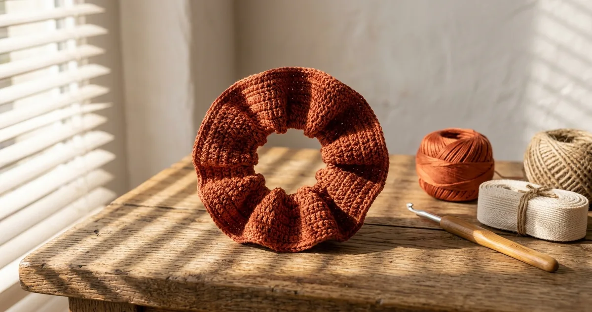 Três xuxinhas de crochê em algodão mercerizado terracota, creme e rosa sobre mesa de madeira clara à tarde, com agulha de aço de 2,5 milímetros ao lado, novelo pequeno de linha, rolo de elástico roliço e fita métrica.