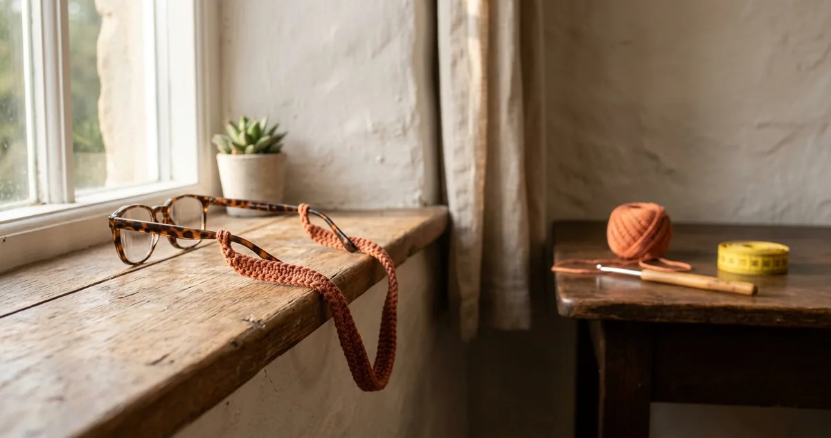 Cordão de óculos de crochê em algodão terracota estendido em curva sobre mesa de madeira clara à tarde, com dois terminais de silicone transparentes nas pontas, agulha de aço de 1,75 milímetro, novelo de linha nº 8 e fita métrica desenrolada.