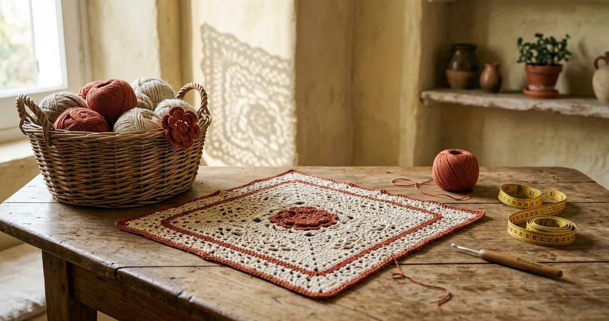 Flor de crochê de cinco pétalas em linha de algodão rosa clara apoiada sobre jaqueta jeans dobrada em mesa de madeira clara à tarde, com agulha de crochê de 2 milímetros, novelo de linha nº 6, agulha de tapeceiro e fita métrica desenrolada.