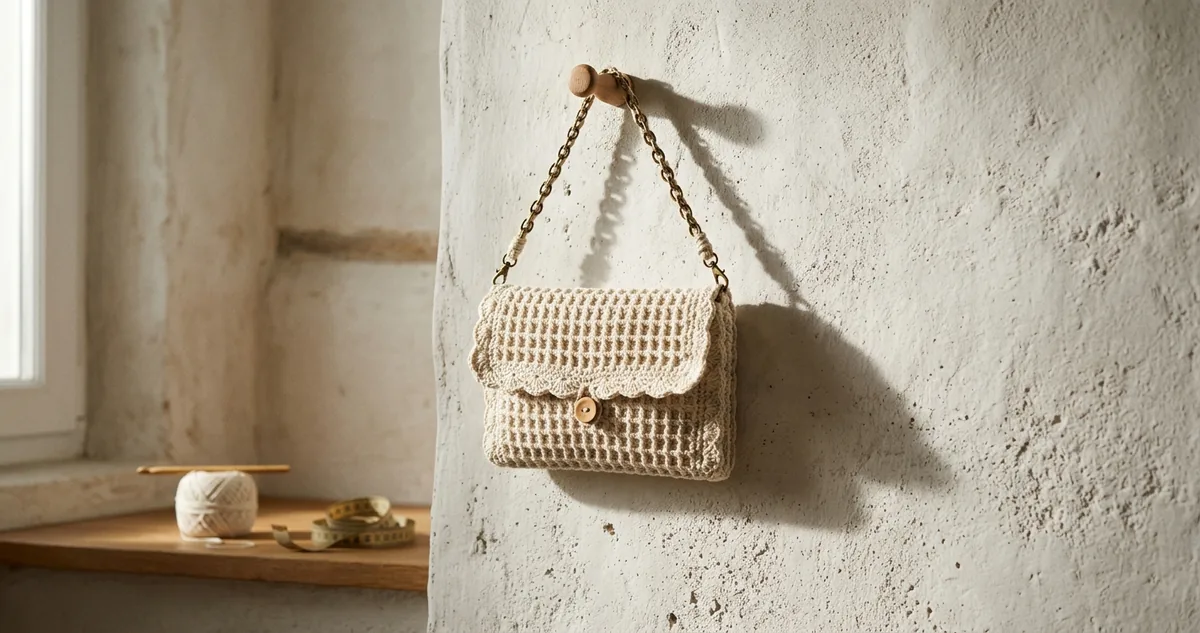 Clutch de crochê em ráfia bege, com aba triangular e trama fechada de cordões finos, pousada sobre uma mesa de madeira.