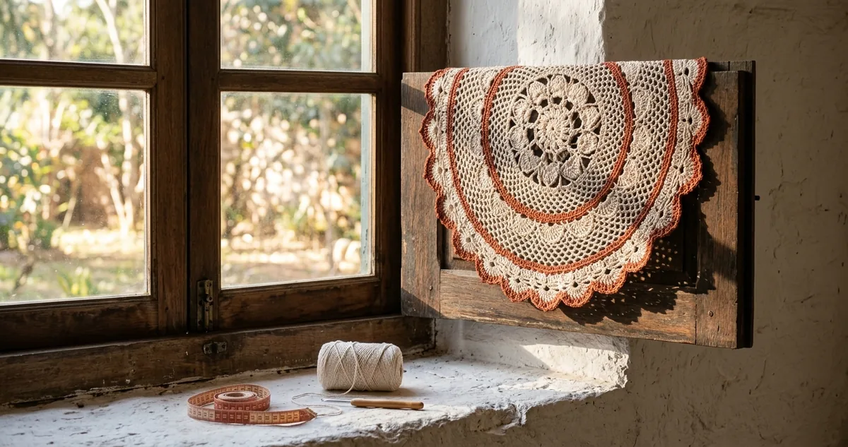 Mandala de crochê branca em linha mercerizada presa por 12 amarrações num aro dourado de metal, pendurada numa parede creme.
