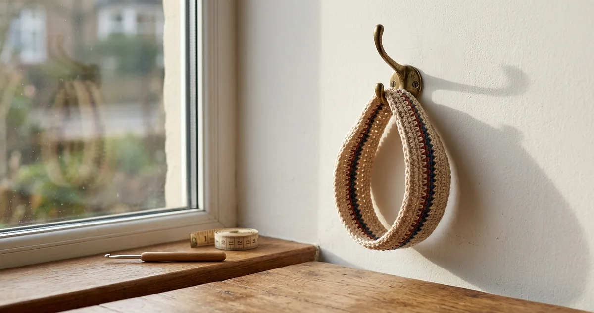 Faixa turbante de crochê em fio de algodão terracota sobre a mesa, com o nó franzido na frente e o canelado em relevo.