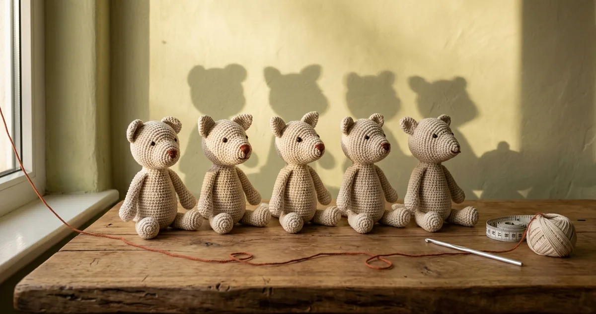 Cinco dedoches de crochê em fio de algodão em fila sobre a mesa: gato, coelho, urso, porquinho e sapo.