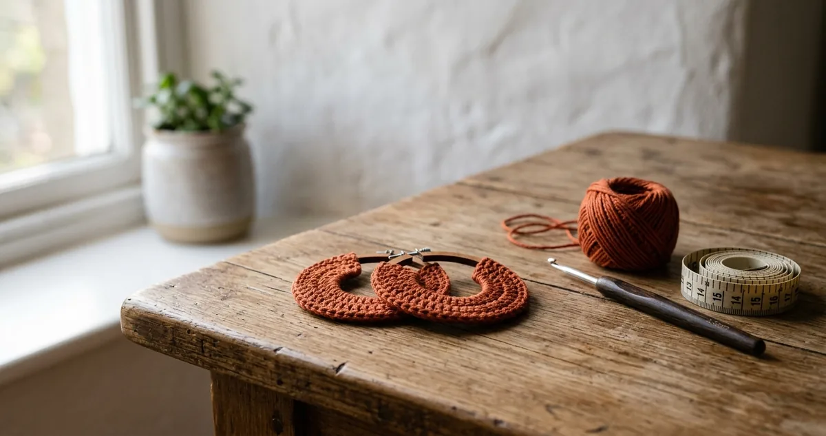Par de brincos de argola cobertos de crochê em linha terracota, com borda de picô e ganchos prateados.