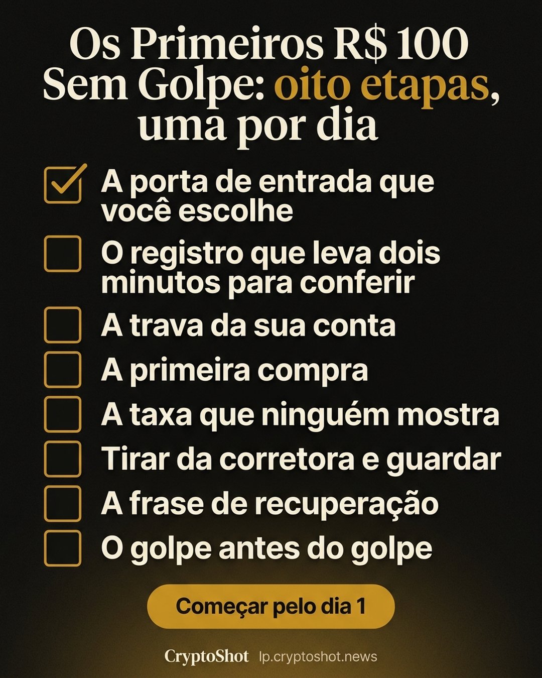 Os Primeiros R$ 100 Sem Golpe: oito etapas, uma por dia: A porta de entrada que você escolhe, O registro que leva dois minutos para conferir, A trava da sua conta, A primeira compra, A taxa que ninguém mostra, Tirar da corretora e guardar, A frase de recuperação, O golpe antes do golpe. Começar pelo dia 1.