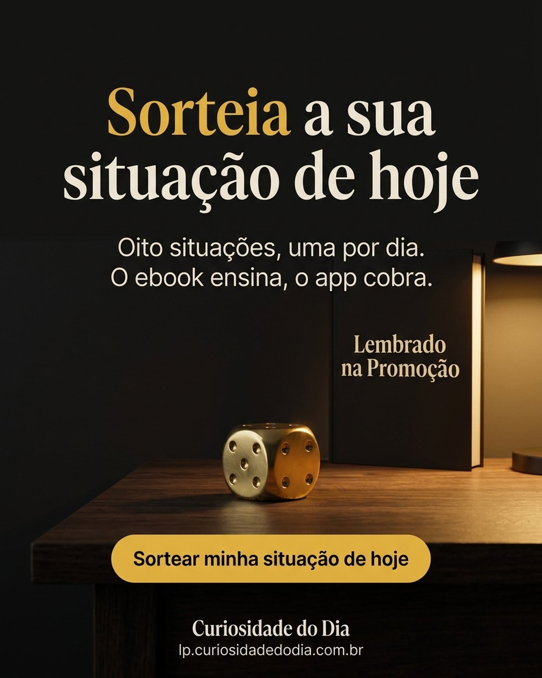 Sorteia a sua situação de hoje. Oito situações, uma por dia. O ebook ensina, o app cobra. Sortear minha situação de hoje.