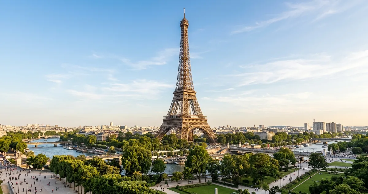 A Torre Eiffel vista de baixo em pleno sol de verão, com o ferro escuro brilhando contra o céu de Paris.