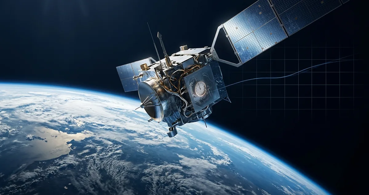 Satélite de navegação em órbita sobre a Terra iluminada pelo Sol, com a antena voltada para o planeta.