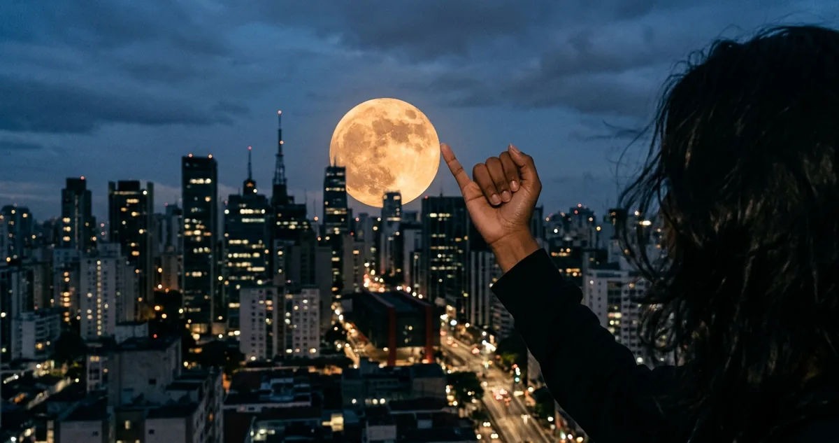 Lua cheia grande e alaranjada subindo entre dois prédios altos, vista da calçada.